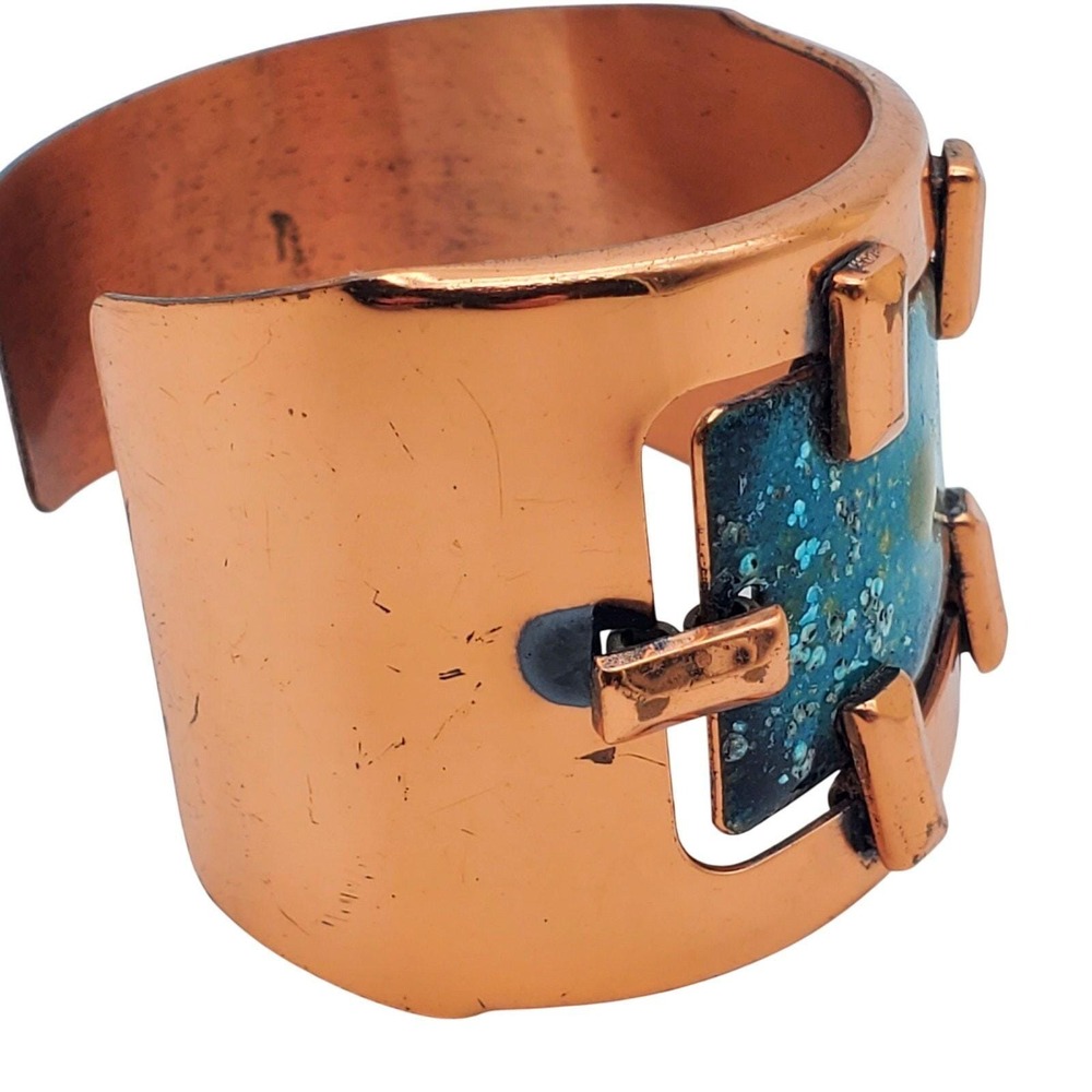 Matisse Renoir Cuff Copper Teal‎ Enamel Bangle Asymmetrical Bracelet Modern MCM - Picture 5 of 9
